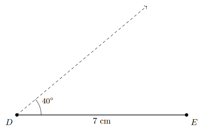 ASA Example Step 2 A ray DX is drawn from point D, making a 40-degree angle with the segment DE.